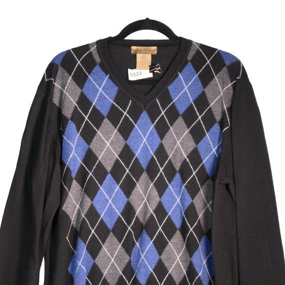 Mario Gilberti Sweater Mens Large Black Blue Argyle 100% Merino Wool Italy - Picture 2 of 6